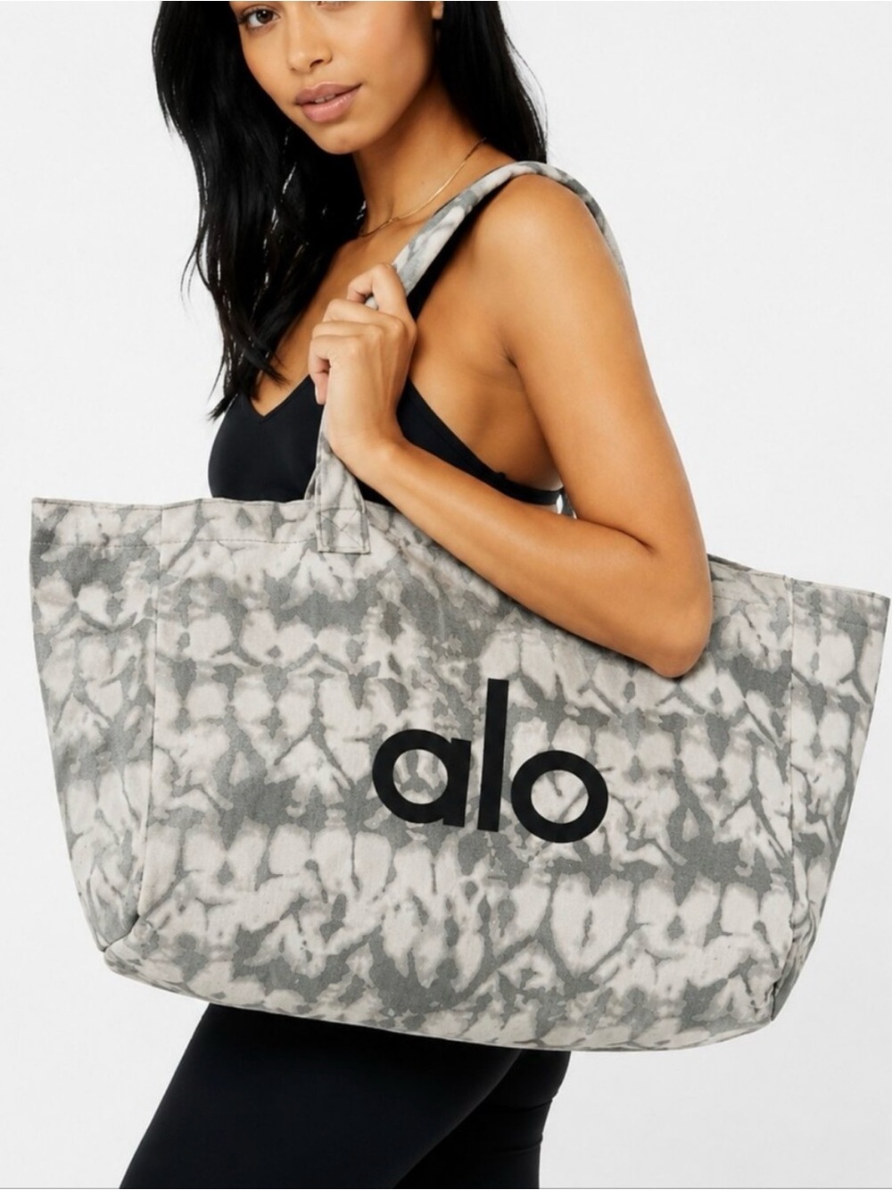 ALO Yoga Gray Tie-Dye Canvas Tote with Black Logo